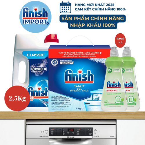 Combo siêu to: Bột rửa chén Finish Classic 2,5kg (250 lần dùng), muối Finish Đức 4kg (2 gói), 2 chai nước làm bóng Finish 400ml